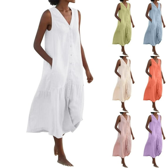Abtuhar Women Summer Dresses 2025,Casual Dresses for Women,Women's Fashion Solid Solor Button Pocket Sleeveless V-Neck Dress