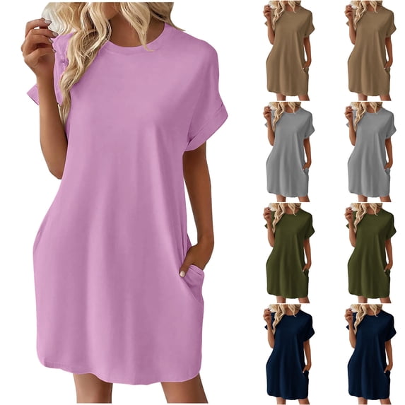 Abtuhar Women Summer Dresses 2024,Casual Dresses for Women,Women's Fashion Summer Casual Solid Round Neck Sleeveless Pocket Dress