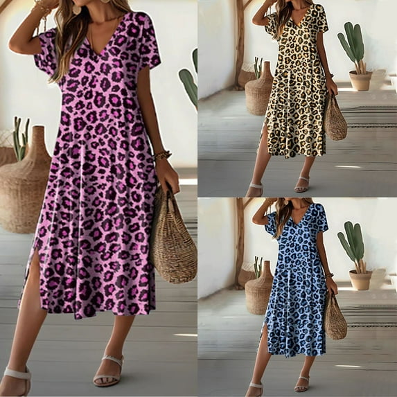 Abtuhar Dresses for Women,Women's Fashionable Leopard Print Summer New Short Sleeved Temperament Dress