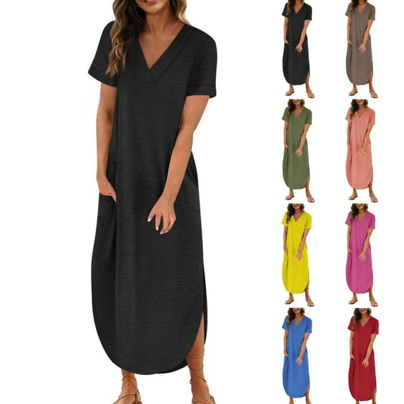 Abtuhar Women Summer Dresses 2024,Casual Dresses for Women,Women's Summer Comfort Sexy Fashion Solid Color Pocket Sleeveless V-Neck Dress