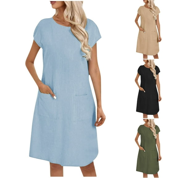 Abtuhar Women Dresses,Casual Dresses for Women,Women's Summer Round Neck Cotton Linen Solid Raglan Short Sleeve Pocket Dress