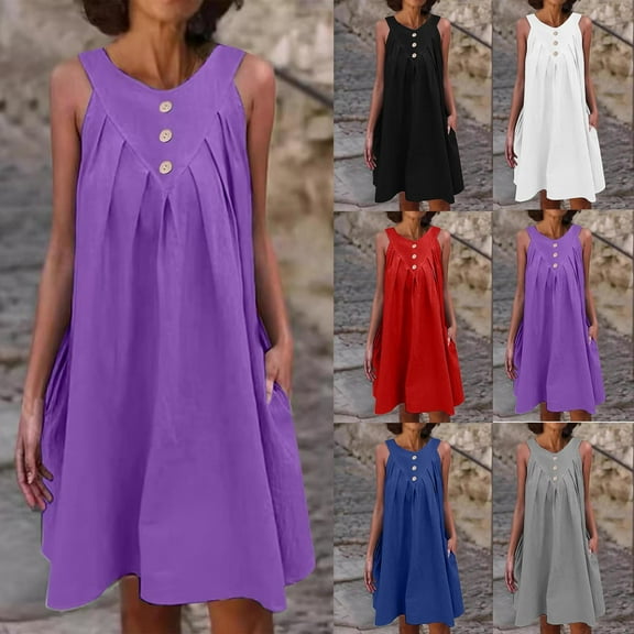 Abtuhar Women Summer Dresses 2025,Casual Dresses for Women,Women's Summer Sleeveless V-neck Loose Pocket Solid Color Dress