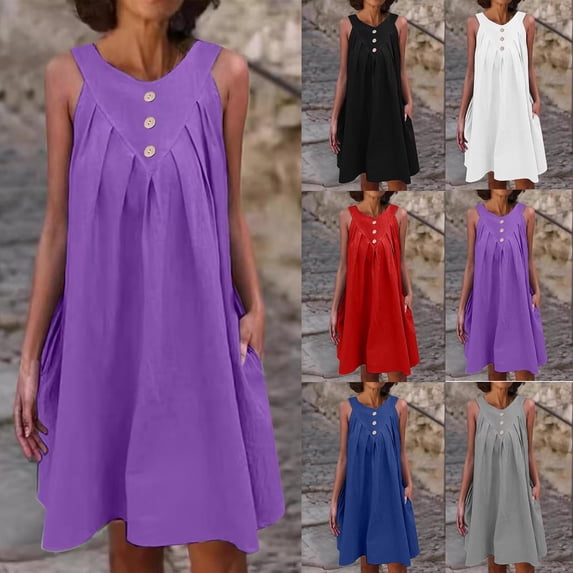 Summer Savings Clearance 2025! Abtuhar Dresses for Women,Women's Summer Sleeveless V-neck Loose Pocket Solid Color Dress