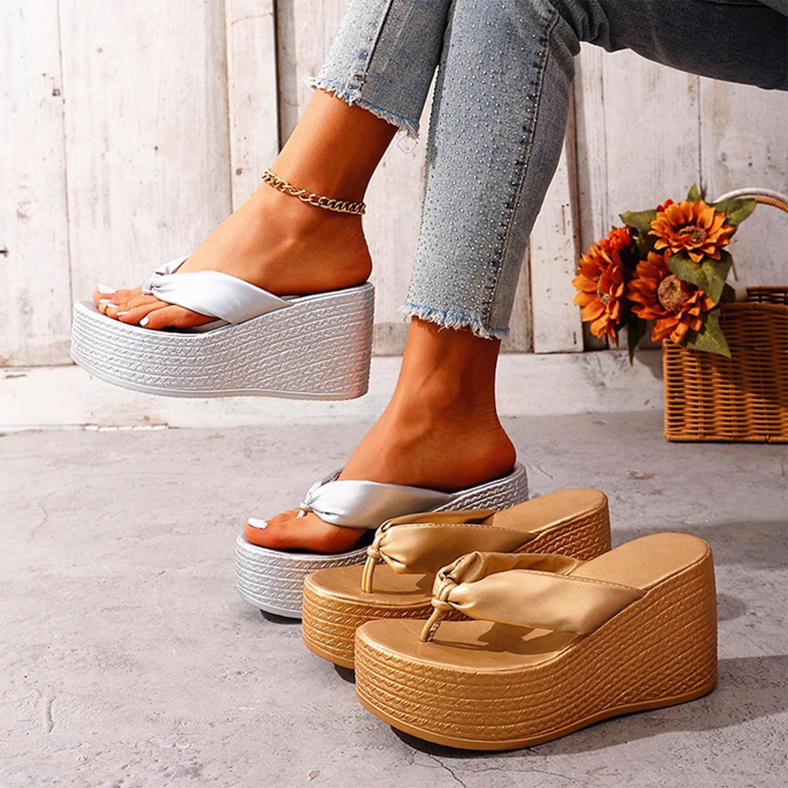 Color Flop Abtuhar Women's Slippers Solid Color Flop Thick Sole Outdoor Summer ...