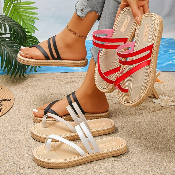 Abtuhar Women's Slippers Solid Color Round Toe Flop Flat Bottom Summer Shoes