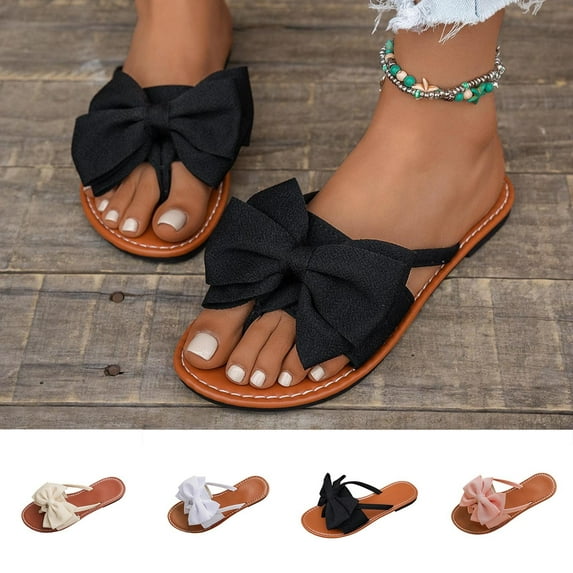 Abtuhar Women's Slippers Solid Color Toe Ring Flat Bottom Lightweight Soft Sole Summer Beach Outdoor Shoes