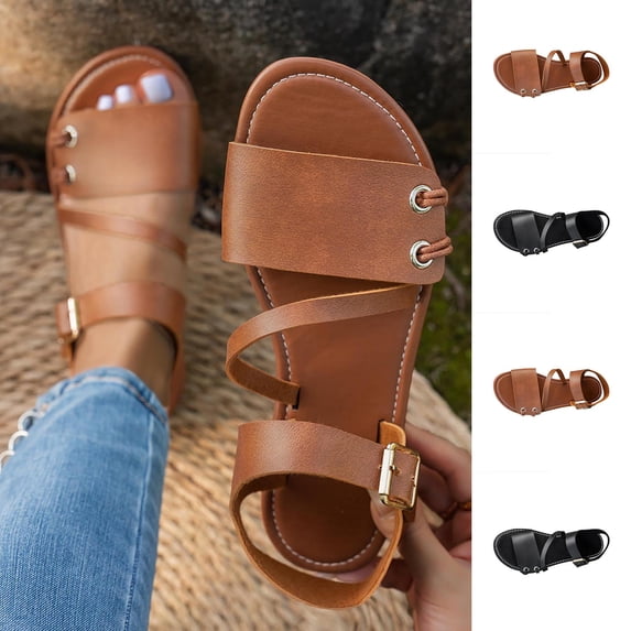 Abtuhar Womens Flats Shoes Solid Color Roman Style Open Toe Buckle Strap Beach