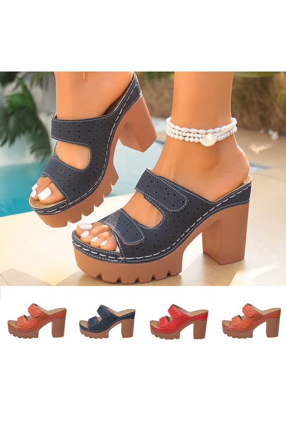 Womens High Heels Shoes Solid Color Hook And Loop Open Toe Heels