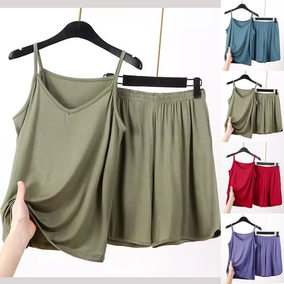 Abtuhar Womens Lounge Sets Plus size，Summer Sets for Women,Women's Summer Thin Casual Loose Suspender Top Versatile Home Slim Solid Color Splicing Suspender Shorts Two-piece Set
