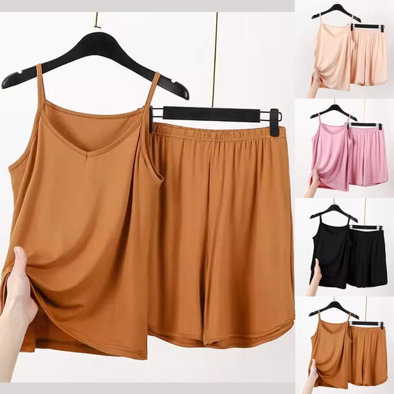 Abtuhar Womens Lounge Sets Plus Size Summer Sets for Women,Women's Summer Thin Casual Loose Suspender Top Versatile Home Slim Solid Color Splicing Suspender Shorts Two-piece Set