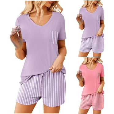 Summer Savings Clearance 2025! Abtuhar Summer Outfits for Women,Women Casual Loose Solid Color Shorts Short Sleeve V-Neck Blouses Sets