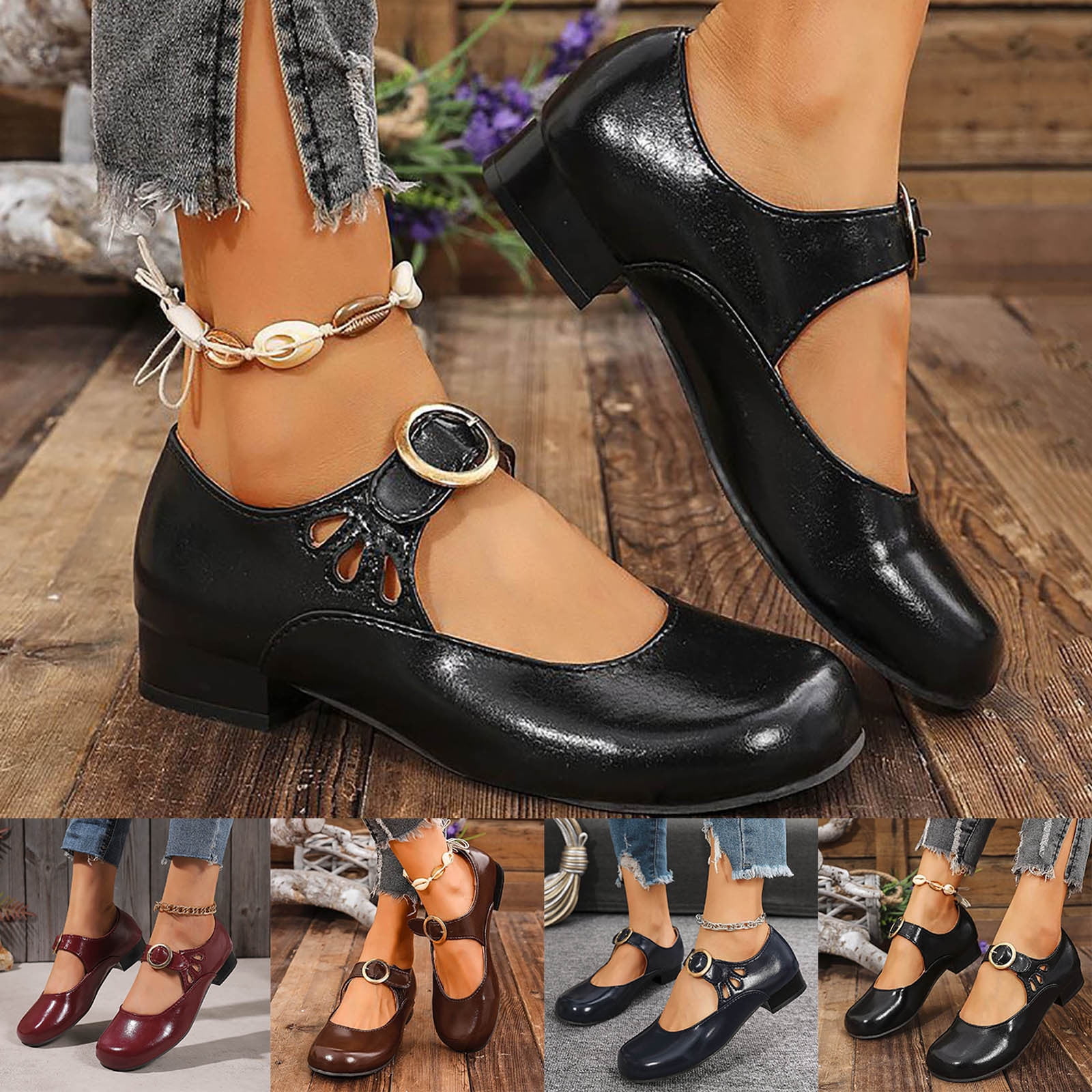 Abtuhar Womens Low Heels Shoes Solid Color Round Toe Metal Buckle Large ...