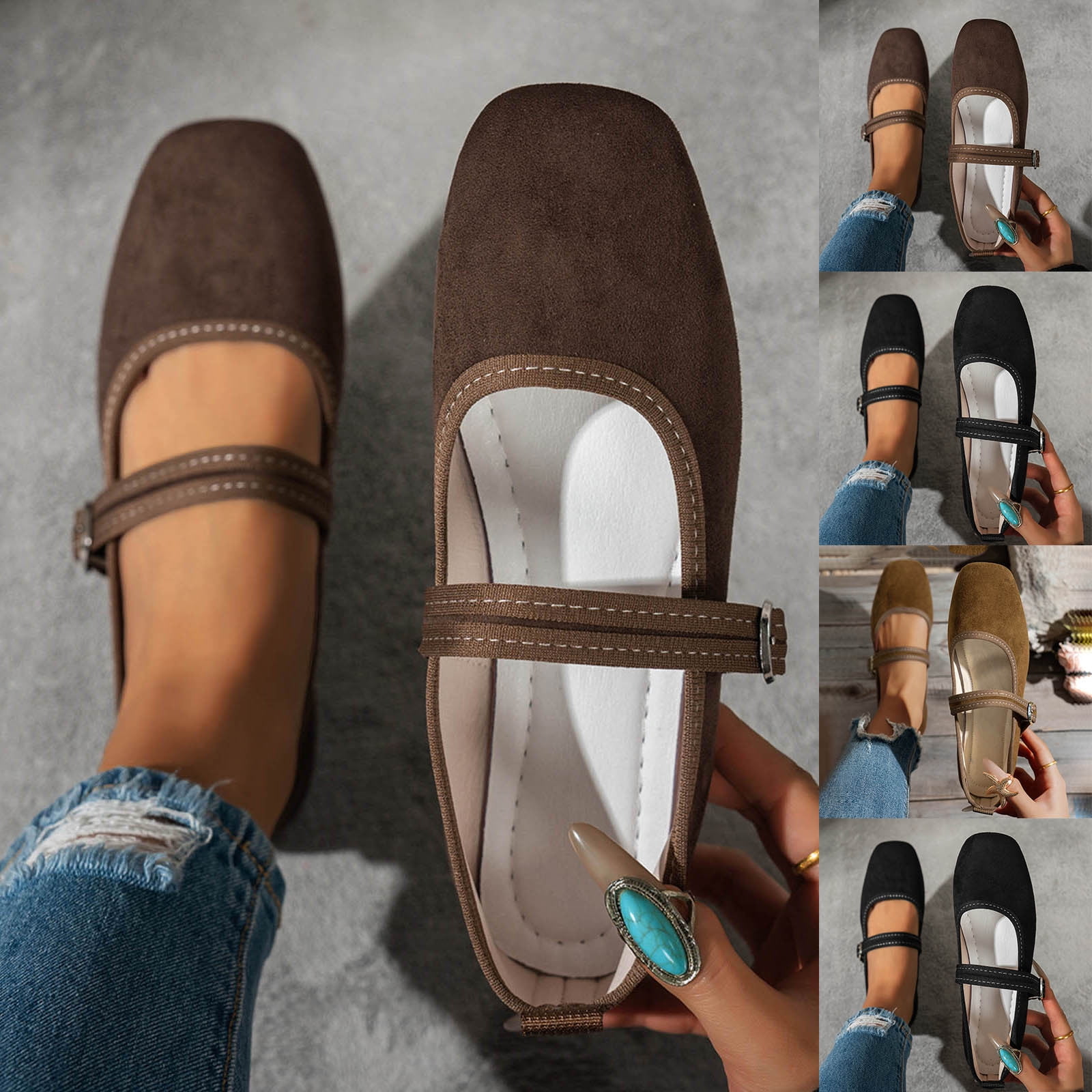 Abtuhar Womens Low Heels Shoes Solid Color Toe Closed Heel Buckle Strap ...