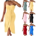 thumbnail image 1 of Abtuhar Womens Plus Size Summer Dresses ,Women Cute Dresses Trendy Going Out,Women's New Summer Sexy Strapless Hollowed Out Collarless Irregular Skirt Solid Color Dress, 1 of 5