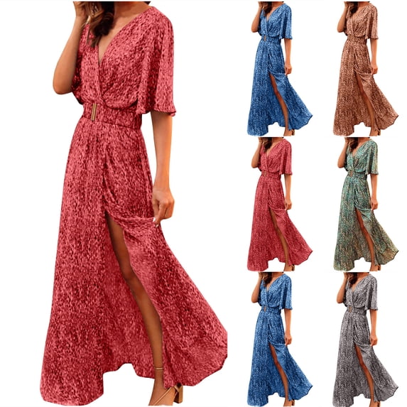 Abtuhar Womens Plus Size Summer Dresses ,Womens Dresses Trendy,European And American Spring/Summer New Bohemian Long Dress Short Sleeved V-neck And Ankle Dress