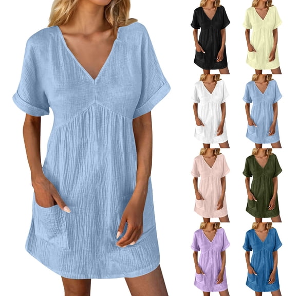 Abtuhar Womens Plus Size Summer Dresses ,Womens Dresses Trendy,New Short Sleeve V-neck Solid Color Pocket Dress Short Sleeve V-neck Dress