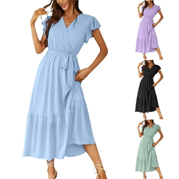 Abtuhar Womens Plus Size Summer Dresses,Womens Dresses Trendy,Omen's Summer New Solid Color Short-sleeved V-neck Waistline Hem Dress
