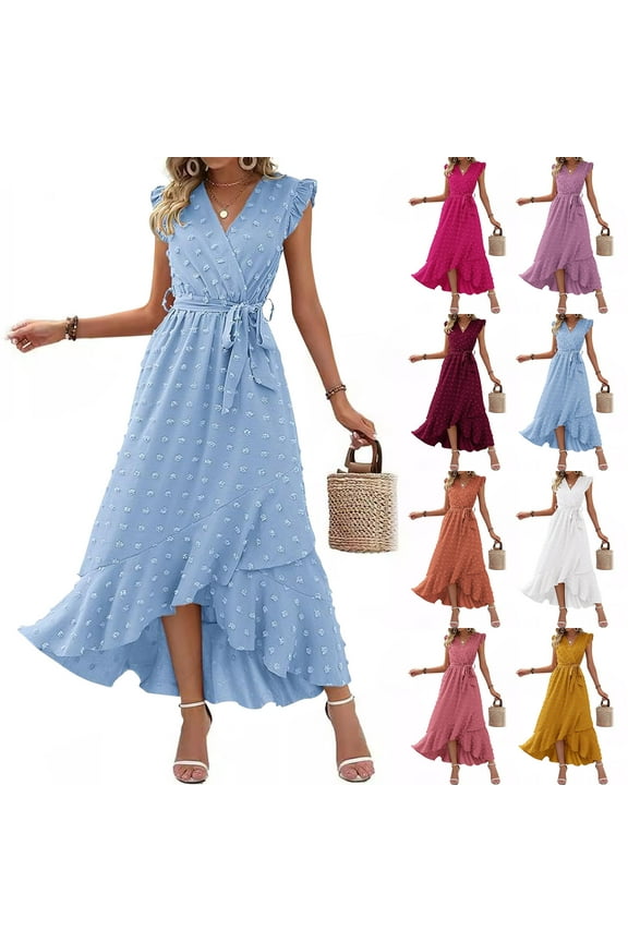 Womens Plus Size Summer Dresses,Womens Dresses Trendy,Women's Casual Solid Color Bubble Embroidered Lace Cuffs V-neck Dress
