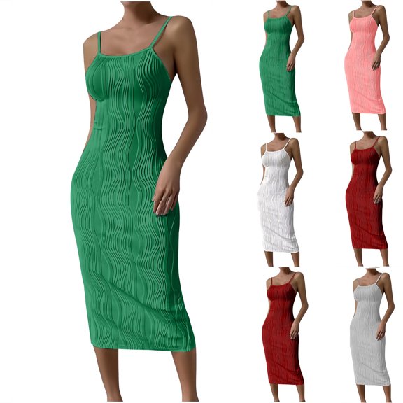 Abtuhar Womens Plus Size Summer Dresses,Womens Dresses Trendy,Women's Fashion Summer Suspenders Round Neck Solid Color Ankle-length Dress