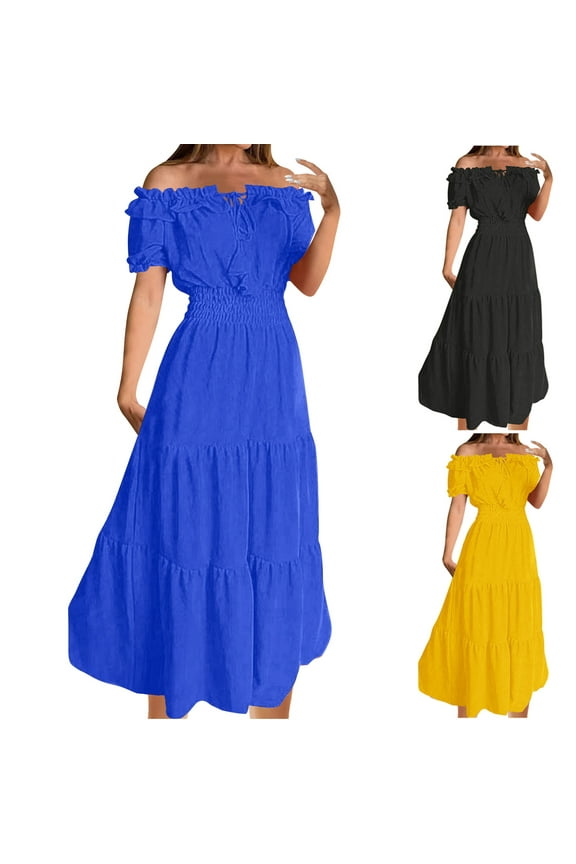 Womens Plus Size Summer Dresses,Womens Dresses Trendy,Women's Fashion Temperament Peplum One-line Neck Bubble Sleeve Dress Short Sleeve One-Line Shoulder Ankle-Length Dress