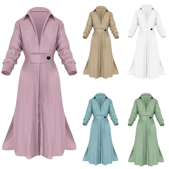Abtuhar Womens Plus Size Summer Dresses ,Womens Dresses Trendy,Women's High Waisted Button Flip Collar V-neck Solid Color Waistband Long Sleeved Irregular Shirt Dress