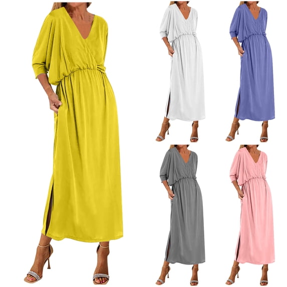 Abtuhar Womens Plus Size Summer Dresses ,Womens Dresses Trendy,Women's Short sleeved V-neck Bohemian Fashion Solid Color High Waist and Ankle Split V-neck Dress