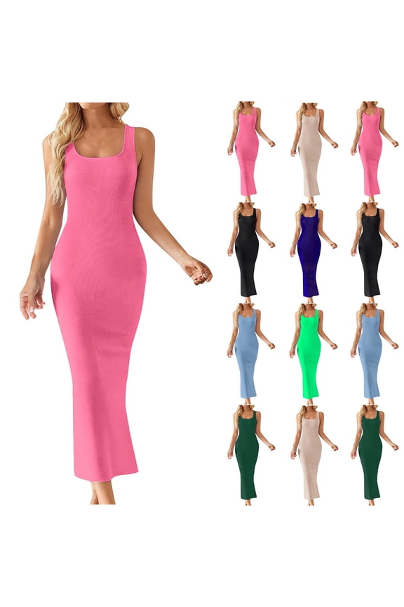Womens Plus Size Summer Dresses,Womens Dresses Trendy,Women's Spring/Summer Sleeveless Knitted Thread Tank Top Split Wrapped Hip Dress Sleeveless Neck And Ankle Dress