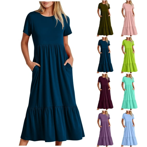 Abtuhar Womens Plus Size Summer Dresses ,Womens Dresses Trendy,Women's Summer Casual Short Sleeve Crewneck Dress Casual Flowy Tiered Maxi Beach Dress With Pockets
