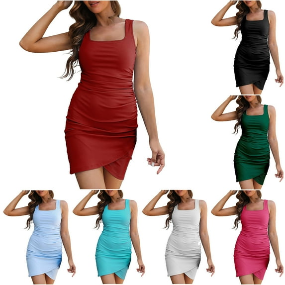 Abtuhar Womens Plus Size Summer Dresses,Womens Dresses Trendy,Women's Summer Solid Color Sleeveless Crew Neck Dress