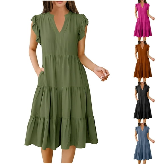 Abtuhar Womens Plus Size Summer Dresses ,Womens Dresses Trendy,Women's Summer Solid Color SleevelessV-Neck Dress