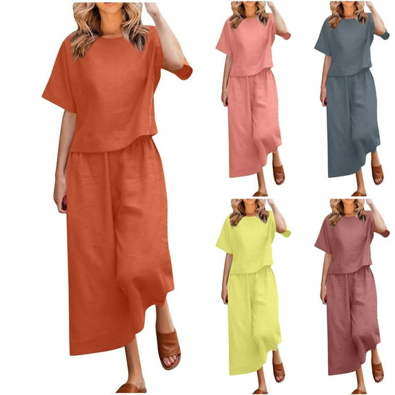 Summer Savings Clearance 2025! Abtuhar Womens Summer Outfits,Women Fashion Round Neck Sleeveless Top And Long Pants Elastic Waist Casual Suit Sets