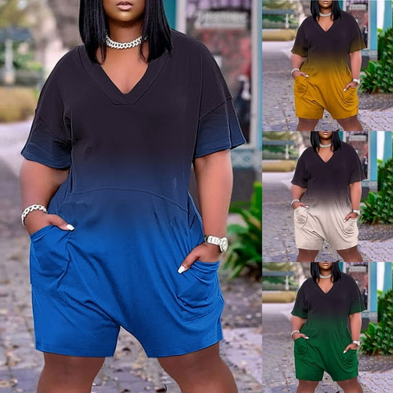 Abtuhar Womens Shorts,Summer Plus Size Pants for Womens Women's Oversized Zippered Loose Casual Short Sleeved Jumpsuit Shorts