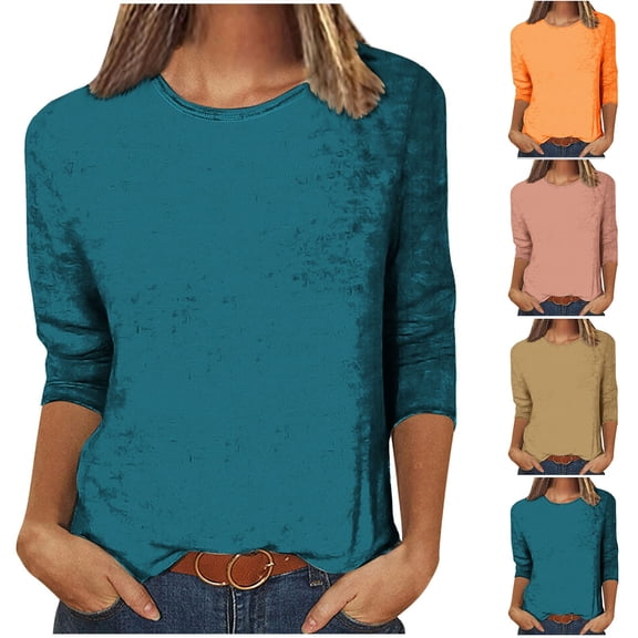 Abtuhar Women's Shirts,Women's Fashion Solid T-shirt 3/4 Sleeves Blouse Round Neck Casual Top