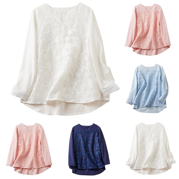 Abtuhar Women's Shirts,Womens Loose Long-Sleeved Pleated Round Neck Artistic Retro Large Size Cotton Linen Shirt