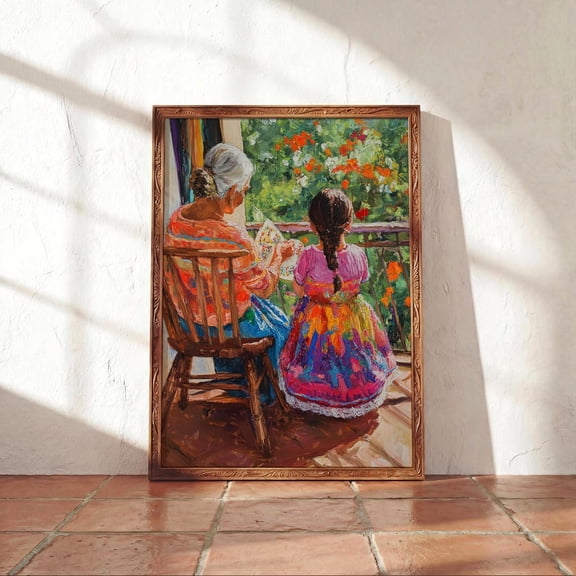 Abuela and Granddaughter Mexican Family Heritage Embroidery Wall Art Unframed Paper Print