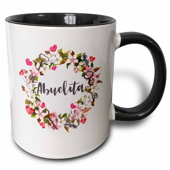 3drose, Abuelita Flowers Heart and Keys Wreath Design, 15oz Two-tone Black Mug