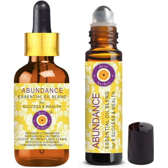 Abundance Aromatherapy Essential Oil 5ml + Roll On 10ml - Blend with Orange, Cinnamon, Geranium, Patchouli, Frankincense & Ylang Ylang Oils for Success & Wealth