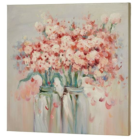 Abundance of Blooms Handpainted Oil on Canvas Wall Art Apricot, Coral, Light Cream and White Hues 24"Wx24"H