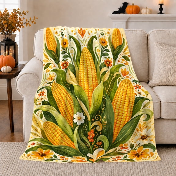 Abundant Corn Floral Harvest Rustic Folk Art Style, Rustic Botanical Portrait, Warm Flannel Blanket for Sunroom and Reading Nook, Garden Lovers Thanksgiving Gift, Rustic Home Decor