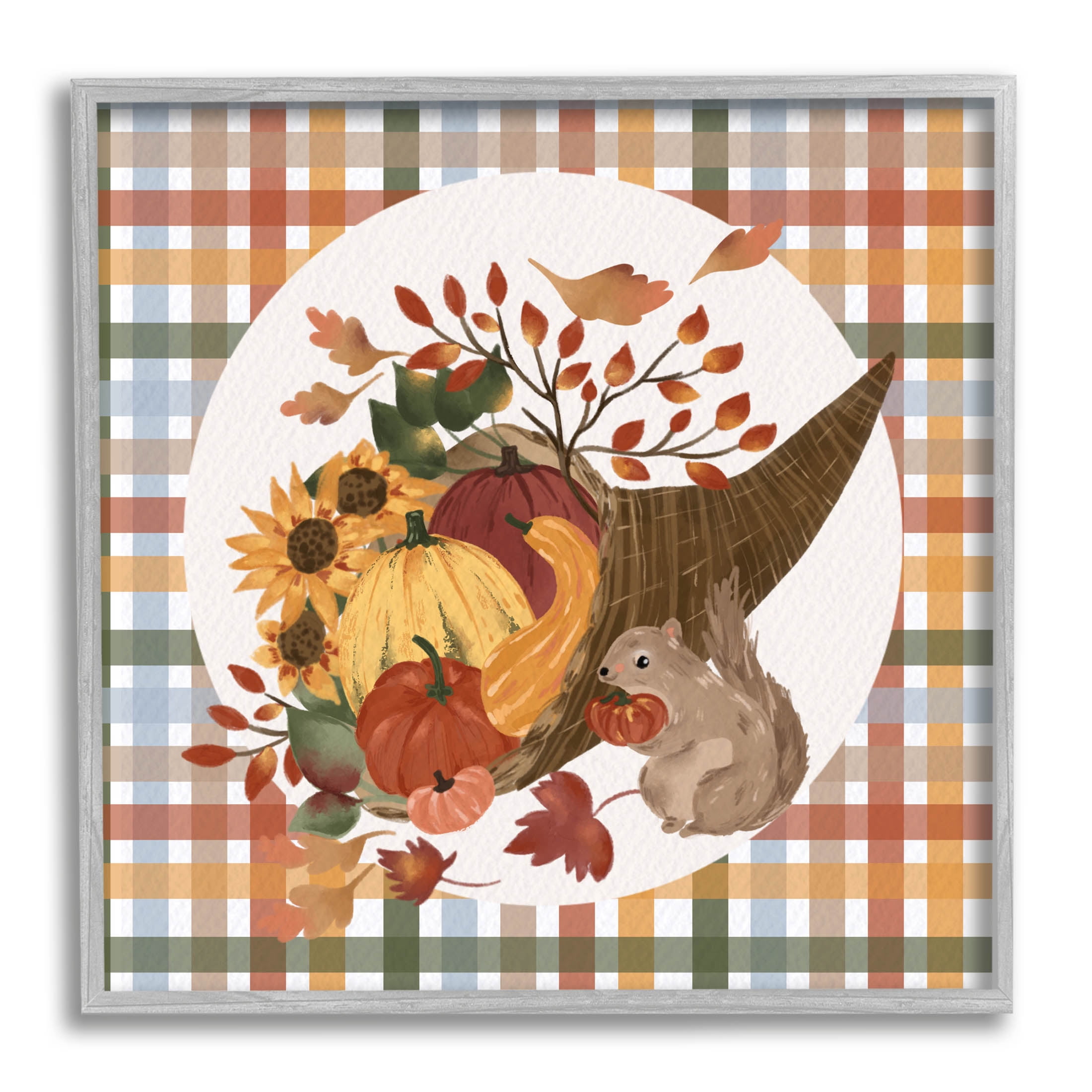 Abundant Harvest Tartan Cornucopia Holiday Graphic Art Gray Framed Art Print Wall Art