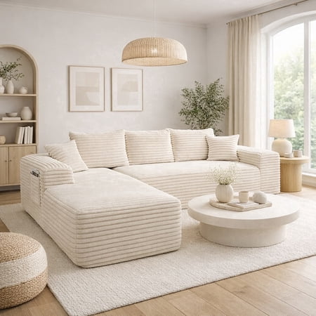 Abunitt 103.5" L-Shaped Modular Sectional Sofa, Plush Corduroy Cloud Couch with Chaise, Compression Foam No Assembly Required, Off-White
