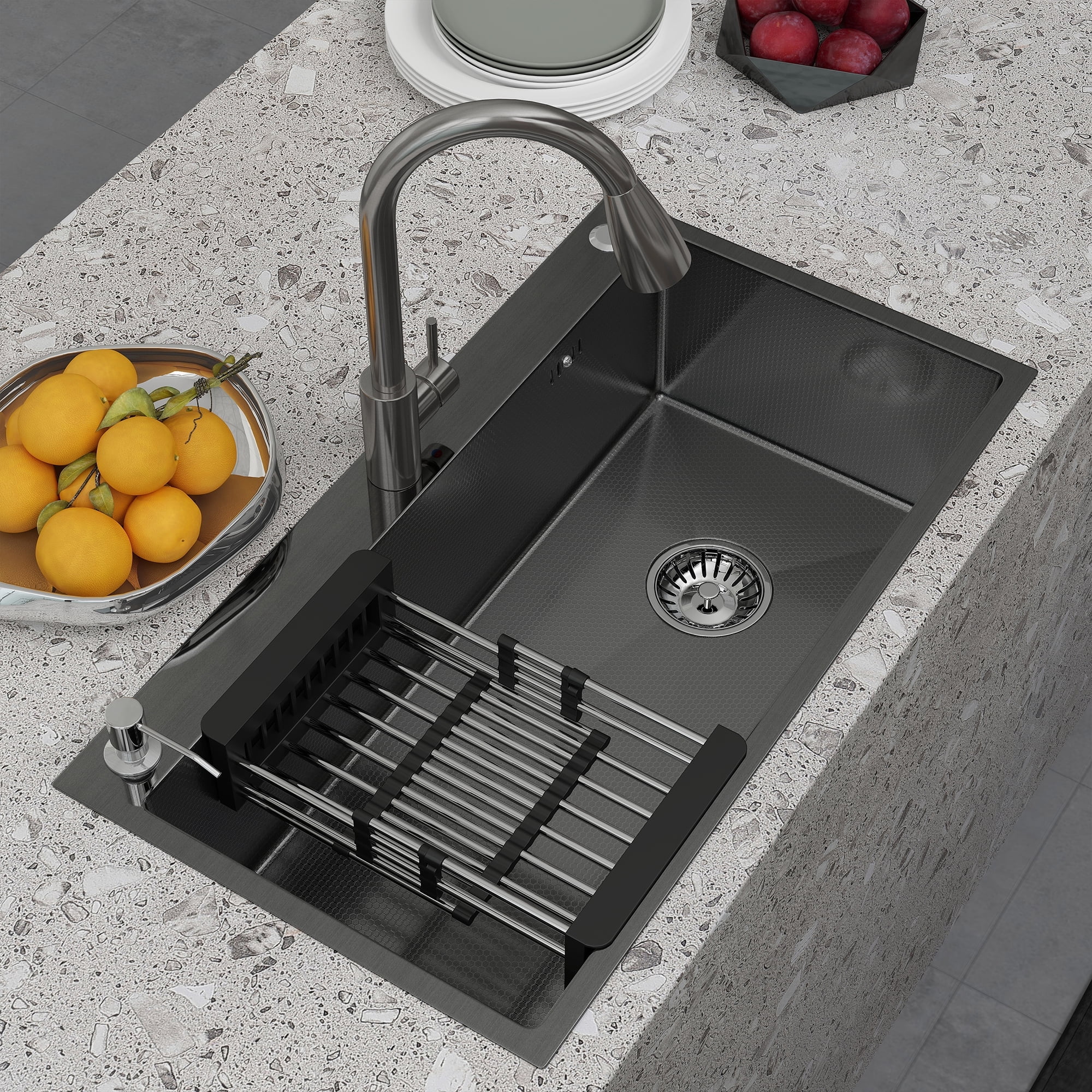 Abunitt 28x18x8 inch Black 304 Stainless Steel Workstation Sink, Nano Coated Single Bowl, Honeycomb & X-shaped Drainage, Topmount with Accessories