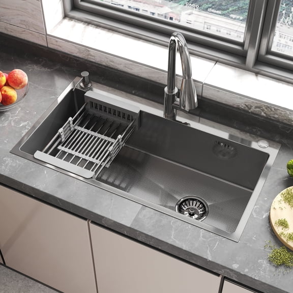 Abunitt 28x18x8 inch 304 Stainless Steel Kitchen Sink,X-Shaped Drain, Topmount Drop-in Workstation with Pull-out Faucet & Accessories,Brushed Silver