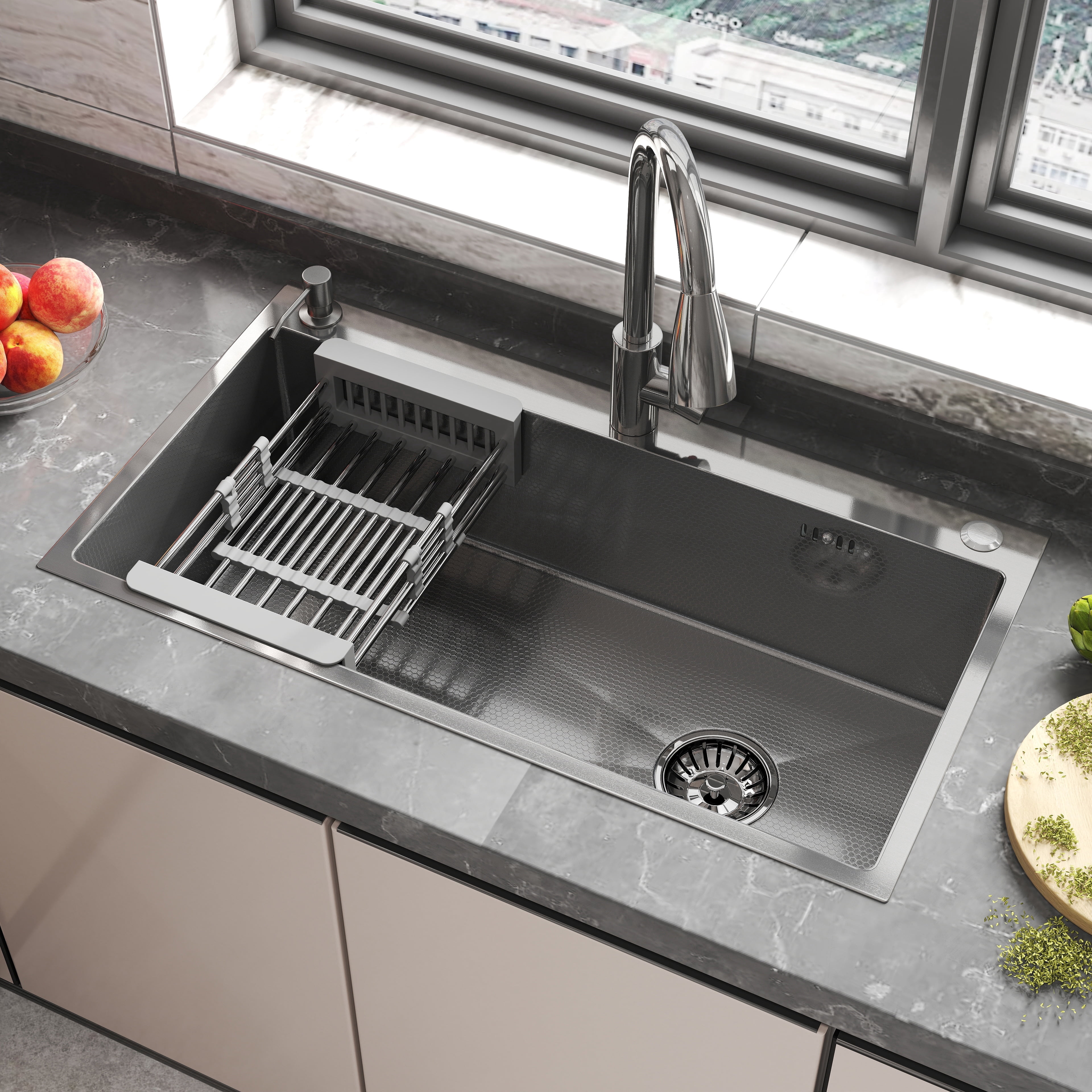 Abunitt 30x18x8 inch 304 Stainless Steel Kitchen Sink,X-Shaped Drain, Topmount Drop-in Workstation with Pull-out Faucet & Accessories,Brushed Silver