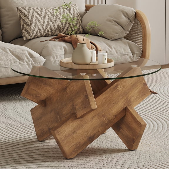 Abunitt 33.4 inch Round Tempered Glass Coffee Table with MDF Wooden Base, 130LBS Load Capacity Modern Center Table for Living Room Office Bedroom,Natural Wood Color