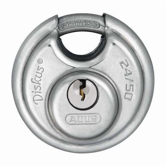 Padlock, Keyed Alike, Partially Hidden Shackle, Disc Stainless Steel Body, Stainless Steel Shackle