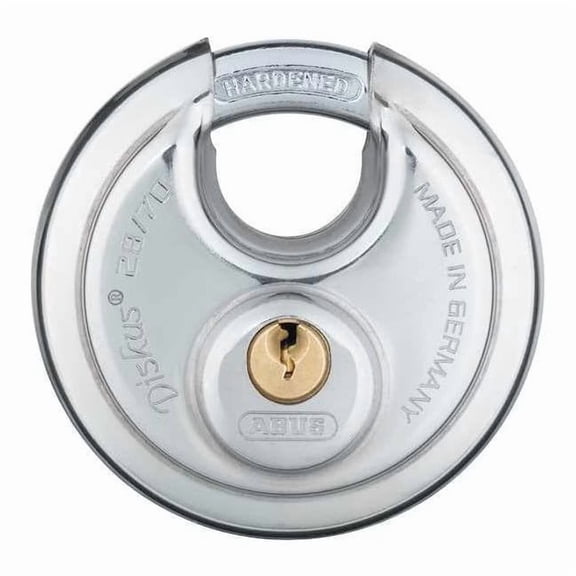 Padlock, Keyed Different, Partially Hidden Shackle, Disc Stainless Steel Body, Steel Shackle