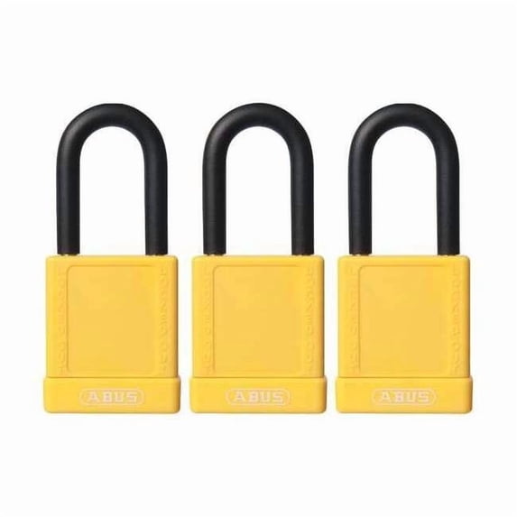 Lockout Padlock, Keyed Alike, Plastic-Covered Aluminum, Yellow, 1 1/2 in Shackle Height, 3 PK