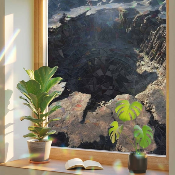 Abyss Crater Window Privacy Film, Ground Fissure Earth Brown Crevice Texture Stained Glass Rainbow Film Decorative Window Clings, Static Cling Sun Blocking Stickers 29.5" x 118"