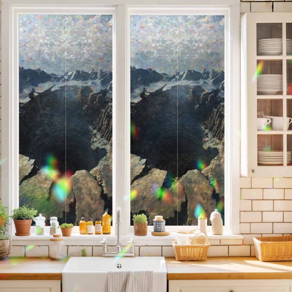 Abyss Crater Window Privacy Film Ground Fissure Earth Brown Crevice Texture Static Cling Stained Glass Window Film Non-Adhesive Decorative Decals Rainbow Sticker 17.7"X39.3"